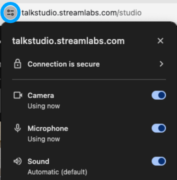 Screenshot of a browser tab and pop-up menu for talkstudio.streamlabs.com with toggle settings for Camera, Microphone, and Sound.